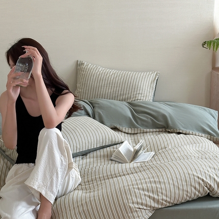 2024新款全棉水洗提花工艺四件套-时光巴黎 巴黎绿条