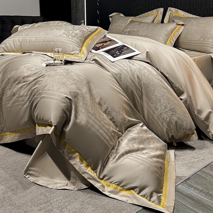 91家纺网 家纺一手货源 找家纺 2024新款轻奢双拼角全棉提花四件套 卡格洛-卡其