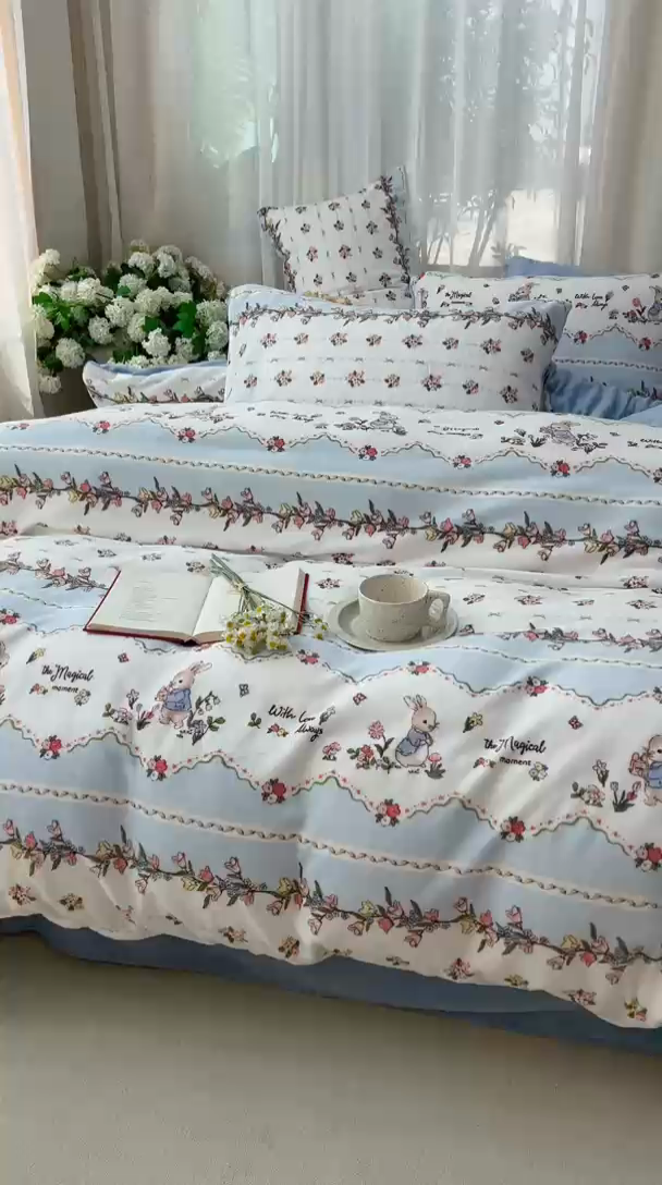 91家纺网 家纺一手货源 找家纺 美派工厂店 2024新款牛奶绒印花四件套 甜糯兔兔