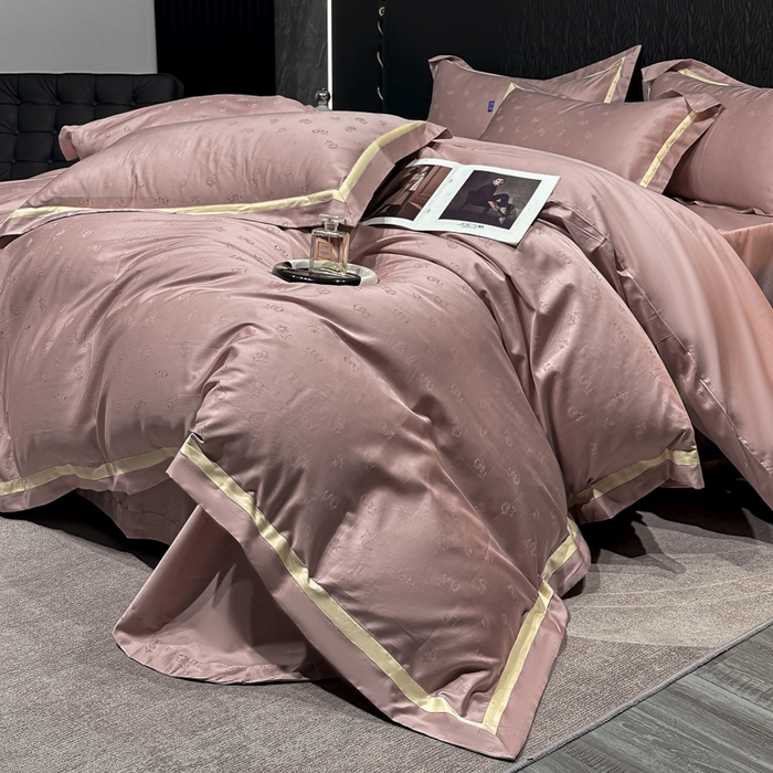 91家纺网 家纺一手货源 找家纺 2024新款轻奢双拼角全棉提花四件套 恋恋花语-樱花粉