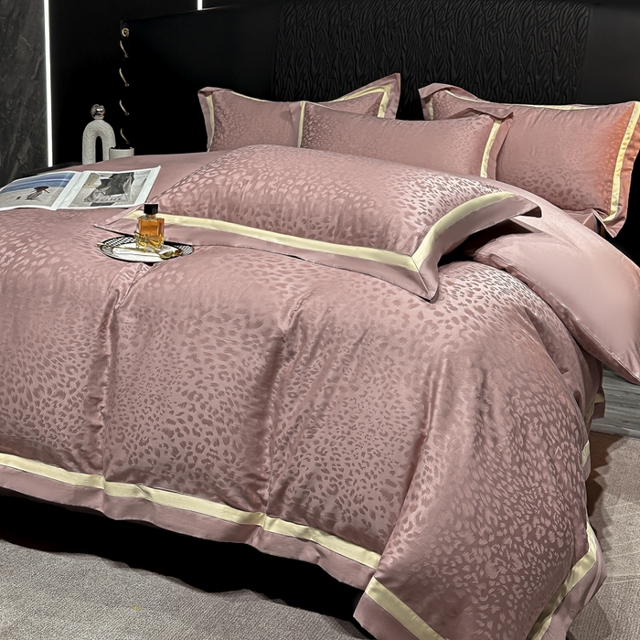 91家纺网 家纺一手货源 找家纺 2024新款轻奢双拼角全棉提花四件套 豹纹-樱花粉