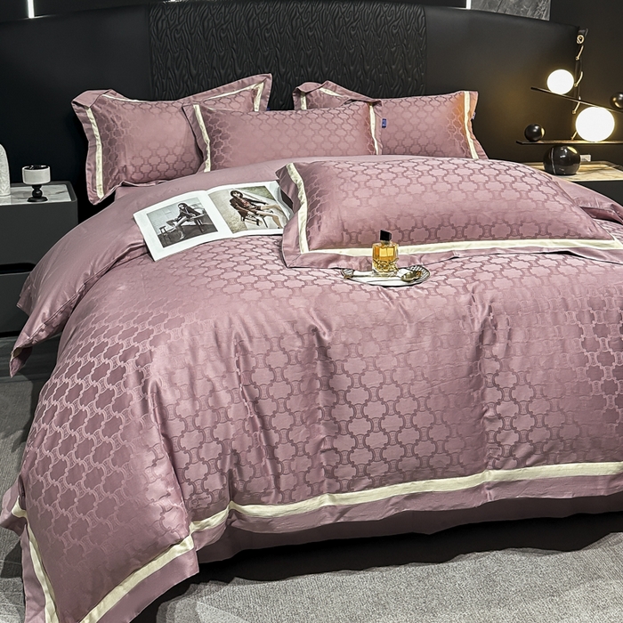 91家纺网 家纺一手货源 找家纺 2024新款轻奢双拼角全棉提花四件套 淤不染-豆沙