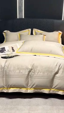 91家纺网 家纺一手货源 找家纺 2024新款轻奢双拼角全棉提花四件套 卡格洛-卡其