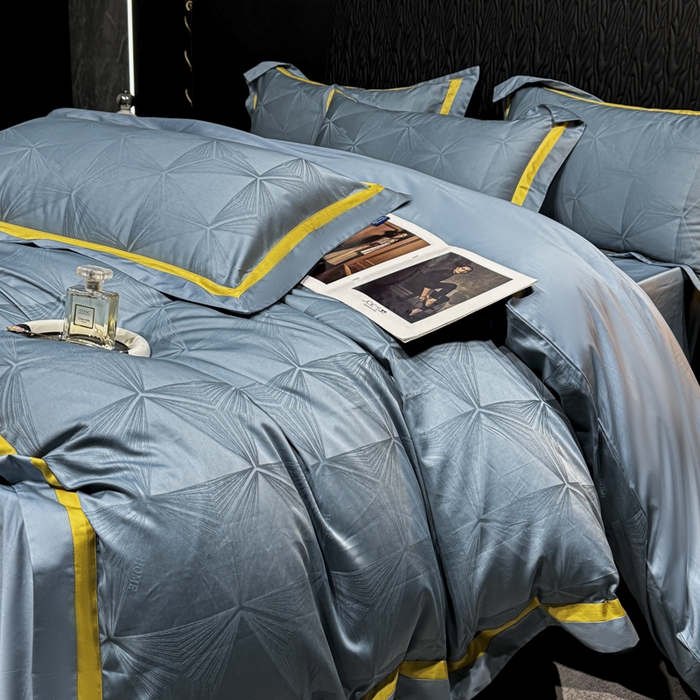 91家纺网 家纺一手货源 找家纺 2024新款轻奢双拼角全棉提花四件套 格拉斯-月光兰