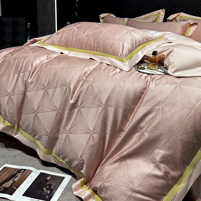 91家纺网 家纺一手货源 找家纺 2024新款轻奢双拼角全棉提花四件套 格拉斯-粉玉