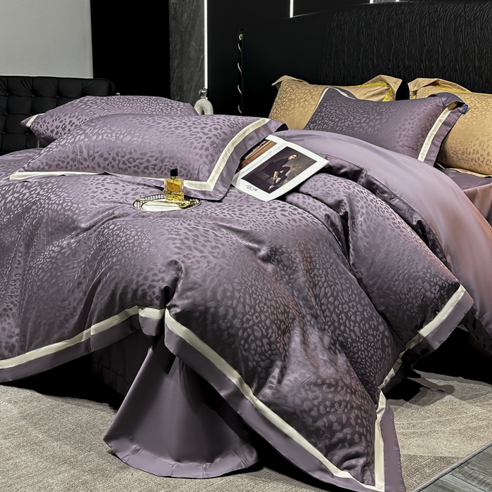91家纺网 家纺一手货源 找家纺 2024新款轻奢双拼角全棉提花四件套 豹纹-魅力紫