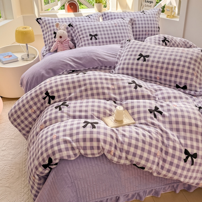 91家纺网 家纺一手货源 找家纺 梦可莱家居 2024秋冬牛奶绒韩系ins印花床盖四件套 紫色蝴蝶梦