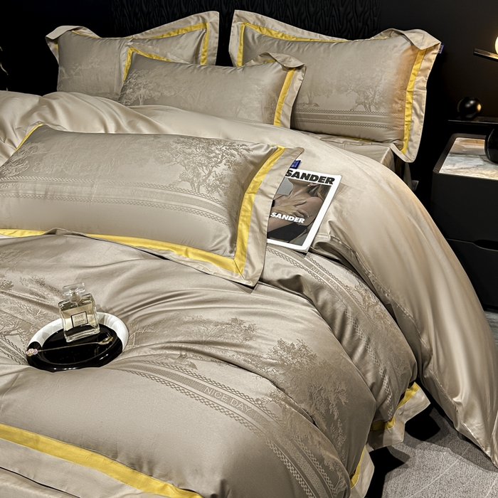 91家纺网 家纺一手货源 找家纺 2024新款轻奢双拼角全棉提花四件套 卡格洛-卡其