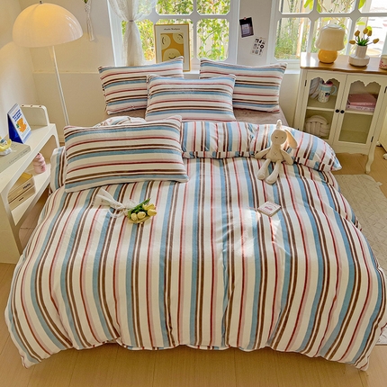 91家纺网 家纺一手货源 找家纺 艾咪-Amy ntmy 2024新款条纹牛奶绒三件套四件套 拿铁