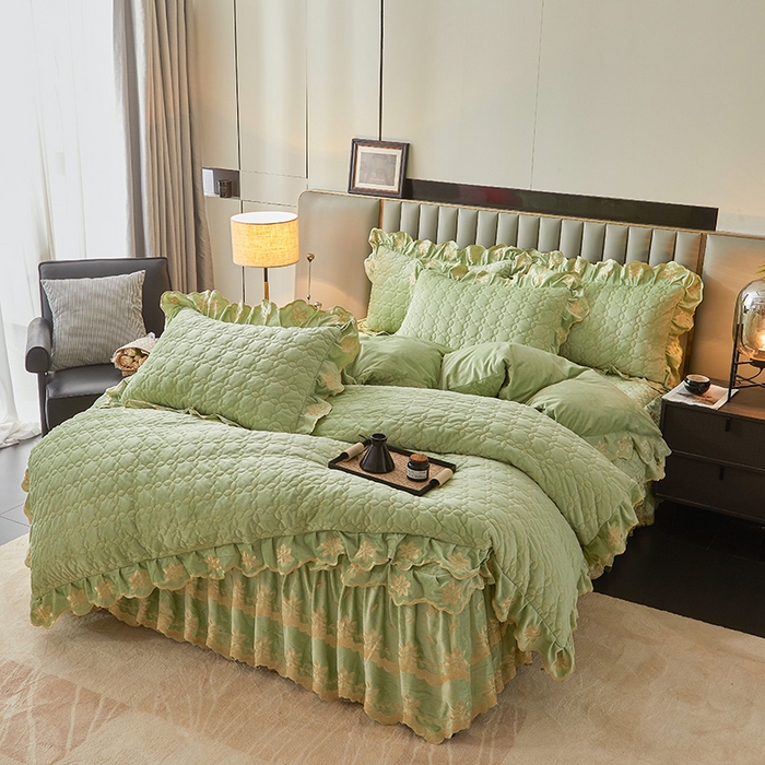 91家纺网 家纺一手货源 找家纺 虹星家纺 2024新款可拆卸宝宝绒夹棉床裙三四件套-盛世芳华 盛世芳华 果绿