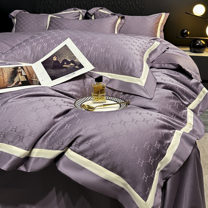 91家纺网 家纺一手货源 找家纺 2024新款轻奢双拼角全棉提花四件套 梵雅-葡萄紫