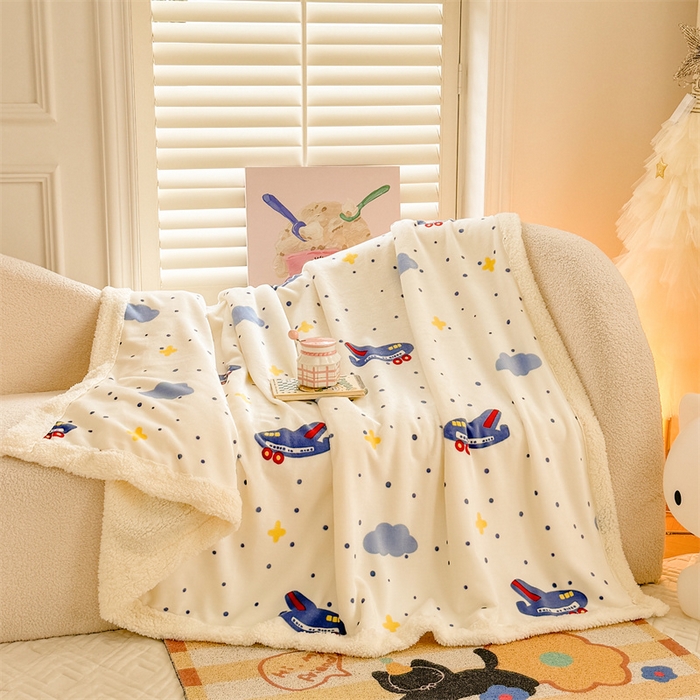 91家纺网 家纺一手货源 找家纺 我心家纺 2024新款高克重羊羔绒毛毯毯子 小飞机