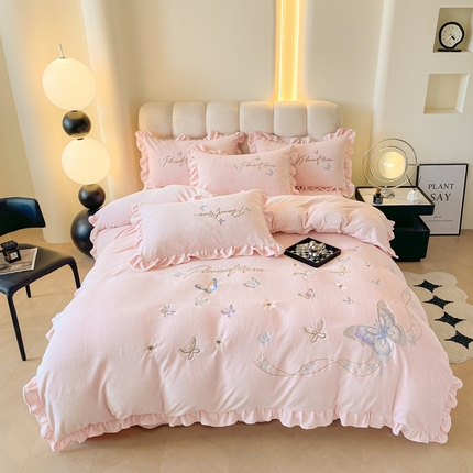 金窝窝家纺 2024新款牛奶绒刺绣四件套-蝴蝶纷飞 蝶舞纷飞-粉