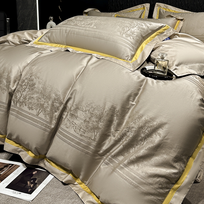 91家纺网 家纺一手货源 找家纺 2024新款轻奢双拼角全棉提花四件套 卡格洛-卡其