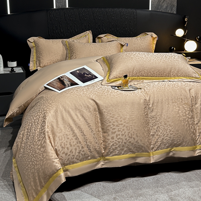 91家纺网 家纺一手货源 找家纺 2024新款轻奢双拼角全棉提花四件套 豹纹-香槟金