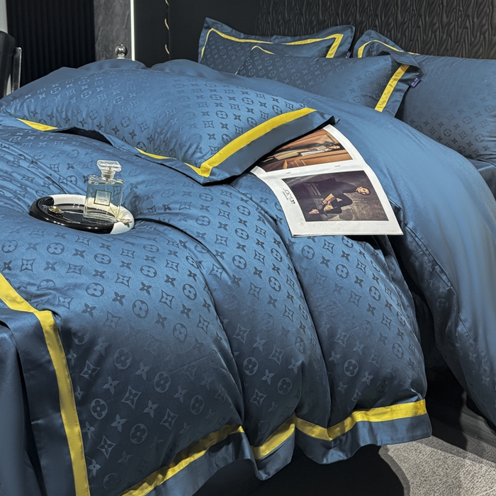 91家纺网 家纺一手货源 找家纺 2024新款轻奢双拼角全棉提花四件套 遇见经典-孔雀蓝