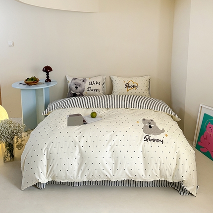 91家纺网 家纺一手货源 找家纺 2024新款全棉数码毛巾绣ins系列四件套 狗狗先生