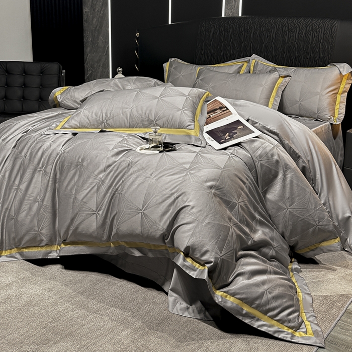 91家纺网 家纺一手货源 找家纺 2024新款轻奢双拼角全棉提花四件套 格拉斯-黎明灰