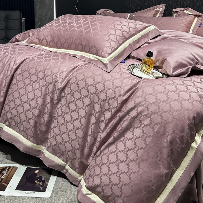 91家纺网 家纺一手货源 找家纺 2024新款轻奢双拼角全棉提花四件套 淤不染-豆沙