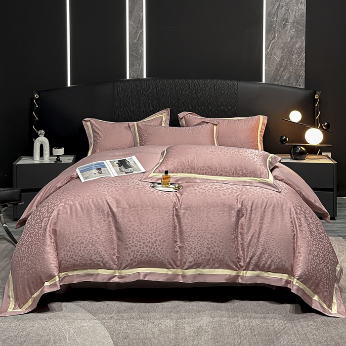 91家纺网 家纺一手货源 找家纺 2024新款轻奢双拼角全棉提花四件套 豹纹-樱花粉