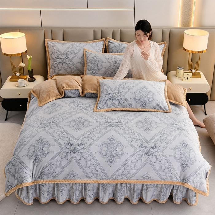 91家纺网 家纺一手货源 找家纺 星窝 2025新款直播9斤高克重冰岛臻棉绒印花牛奶绒四件套（控价标准不低于139）初遇灰