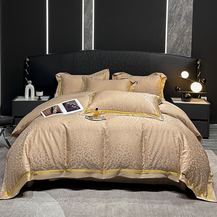 91家纺网 家纺一手货源 找家纺 2024新款轻奢双拼角全棉提花四件套 豹纹-香槟金