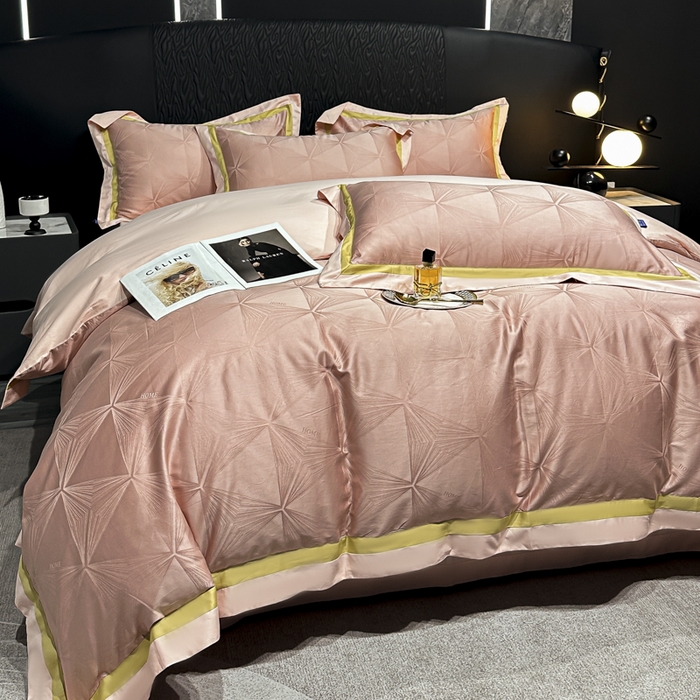 91家纺网 家纺一手货源 找家纺 2024新款轻奢双拼角全棉提花四件套 格拉斯-粉玉