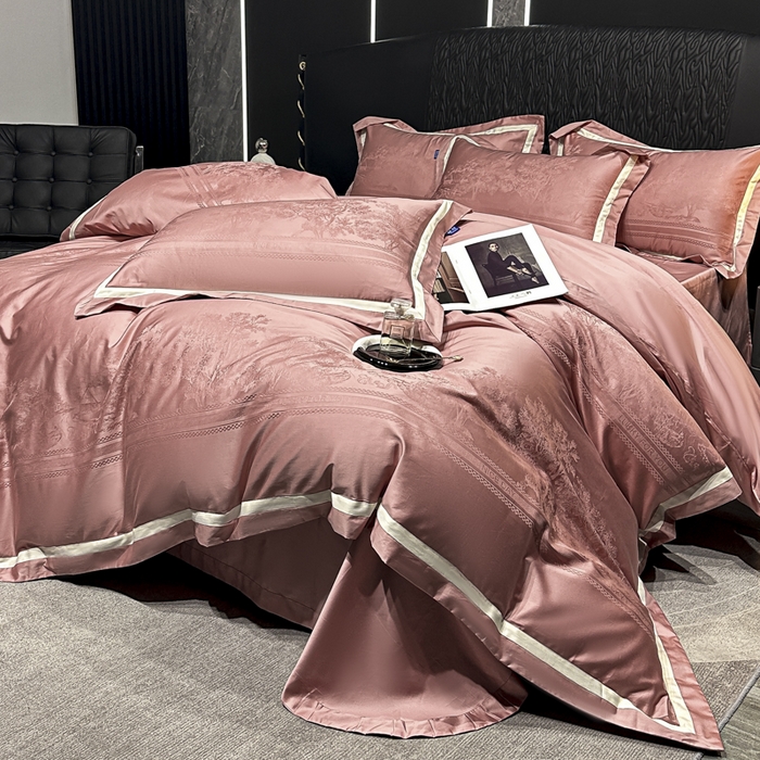 91家纺网 家纺一手货源 找家纺 2024新款轻奢双拼角全棉提花四件套 卡格洛-皮粉