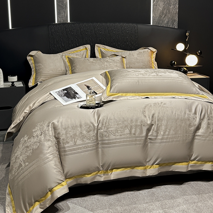 91家纺网 家纺一手货源 找家纺 2024新款轻奢双拼角全棉提花四件套 卡格洛-卡其