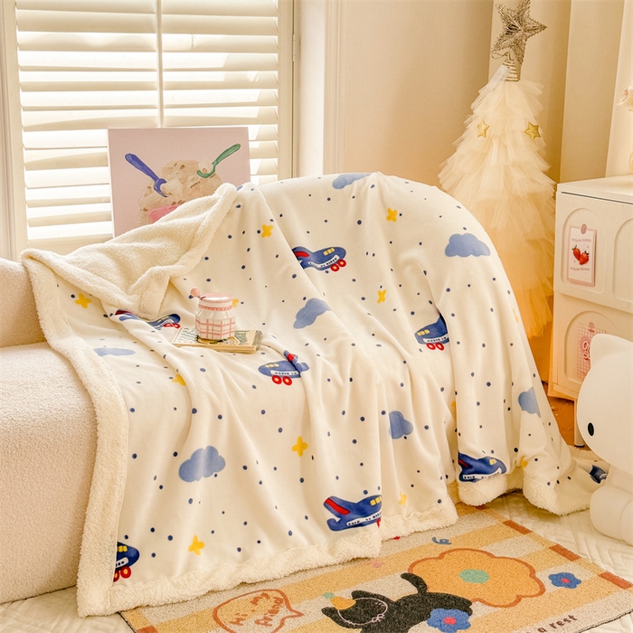 91家纺网 家纺一手货源 找家纺 我心家纺 2024新款高克重羊羔绒毛毯毯子 小飞机