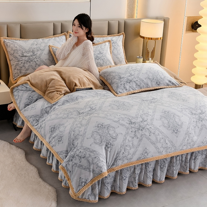 91家纺网 家纺一手货源 找家纺 星窝 2025新款直播9斤高克重冰岛臻棉绒印花牛奶绒四件套（控价标准不低于139）初遇灰