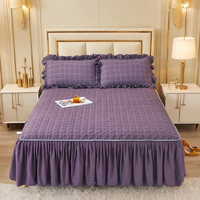 91家纺网 家纺一手货源 找家纺 锦逸家居 2024新款可拆卸包边夹棉磨毛花边两用床裙床笠两用-优雅 优雅-梦幻紫