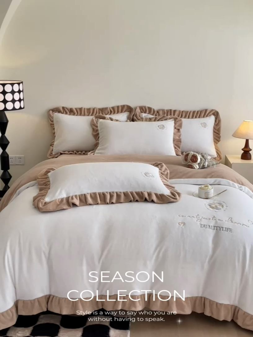 91家纺网 家纺一手货源 找家纺 露梦家纺 2025新款A类双面木耳花边加厚保暖牛奶绒刺绣款四件套-繁花系列（提供买家秀） 繁花-奶油白