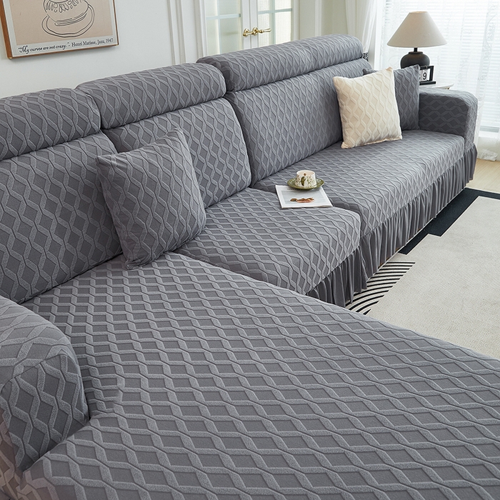 91家纺网 家纺一手货源 找家纺 2024新款加厚高弹拉花绒全包防尘沙发套罩-菱形格系列 深灰