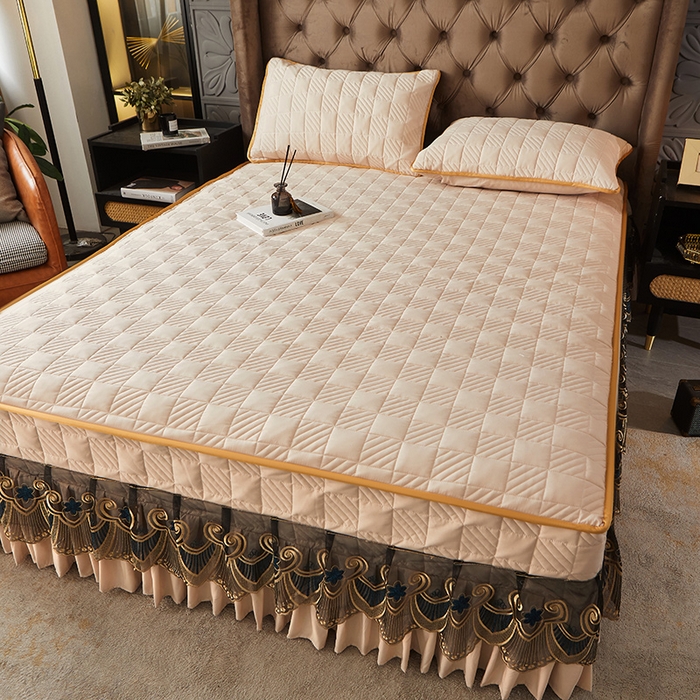 91家纺网 家纺一手货源 找家纺 锦逸家居 2024新款加厚磨毛轻奢夹棉床裙床笠三件套系列 佳人-奶茶色