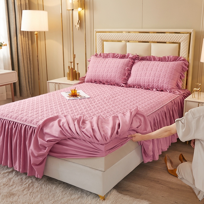 91家纺网 家纺一手货源 找家纺 锦逸家居 2024新款可拆卸包边夹棉磨毛花边两用床裙床笠两用-优雅 优雅-豆沙粉