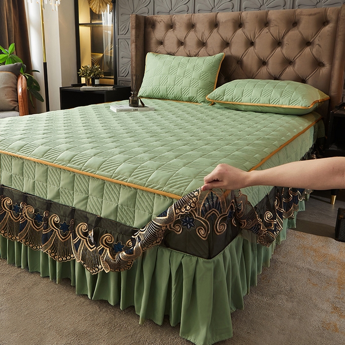 91家纺网 家纺一手货源 找家纺 锦逸家居 2024新款加厚磨毛轻奢夹棉床裙床笠三件套系列 佳人-抹茶绿