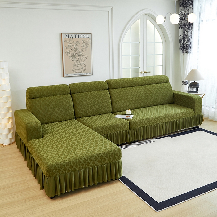91家纺网 家纺一手货源 找家纺 2024新款加厚高弹拉花绒全包防尘沙发套罩-菱形格系列 橄榄绿