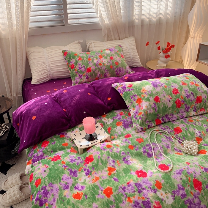 91家纺网 家纺一手货源 找家纺 莱豫家纺 2024新款牛奶绒印花四件套 绿野仙踪紫