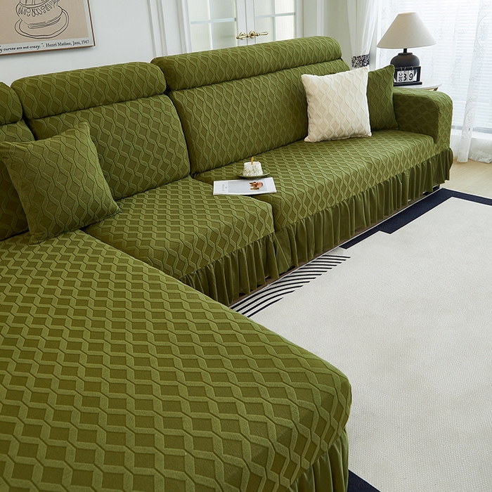 91家纺网 家纺一手货源 找家纺 2024新款加厚高弹拉花绒全包防尘沙发套罩-菱形格系列 橄榄绿