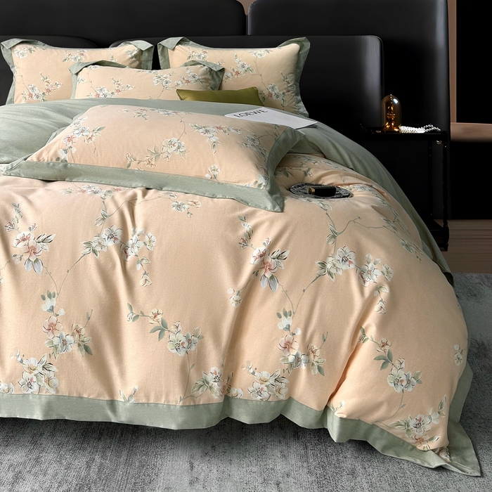 91家纺网 家纺一手货源 找家纺 朵希曼 2026新款全棉大宽边拼角磨毛四件套 朵缇桔