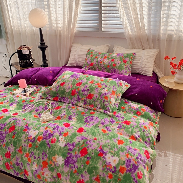 91家纺网 家纺一手货源 找家纺 莱豫家纺 2024新款牛奶绒印花四件套 绿野仙踪紫