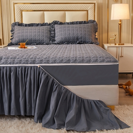 锦逸家居 2024新款可拆卸包边夹棉磨毛花边两用床裙床笠两用-优雅 优雅-高级灰