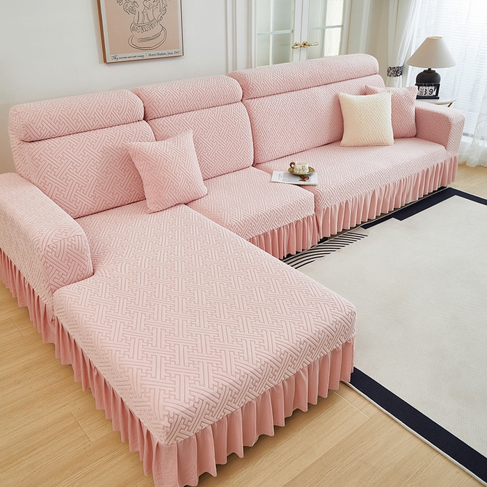 91家纺网 家纺一手货源 找家纺 2024新款加厚高弹拉花绒全包防尘沙发套罩-清韵系列 藕粉