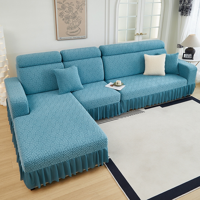 91家纺网 家纺一手货源 找家纺 2024新款加厚高弹拉花绒全包防尘沙发套罩-清韵系列 海蓝