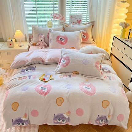 妖妖家纺 2024新款加厚雪花绒印花单品三件套四件套 可爱毛球