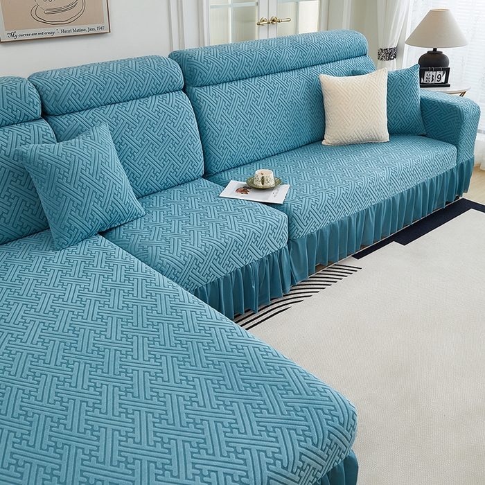 91家纺网 家纺一手货源 找家纺 2024新款加厚高弹拉花绒全包防尘沙发套罩-清韵系列 海蓝