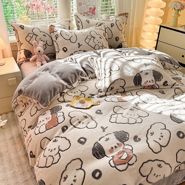 91家纺网 家纺一手货源 找家纺 妖妖家纺 2024新款加厚雪花绒印花单品三件套四件套 软萌狗狗