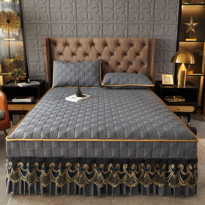 91家纺网 家纺一手货源 找家纺 锦逸家居 2024新款加厚磨毛轻奢夹棉床裙床笠三件套系列 佳人-高级灰