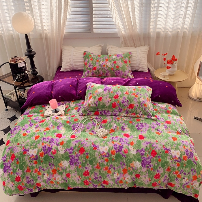 91家纺网 家纺一手货源 找家纺 莱豫家纺 2024新款牛奶绒印花四件套 绿野仙踪紫